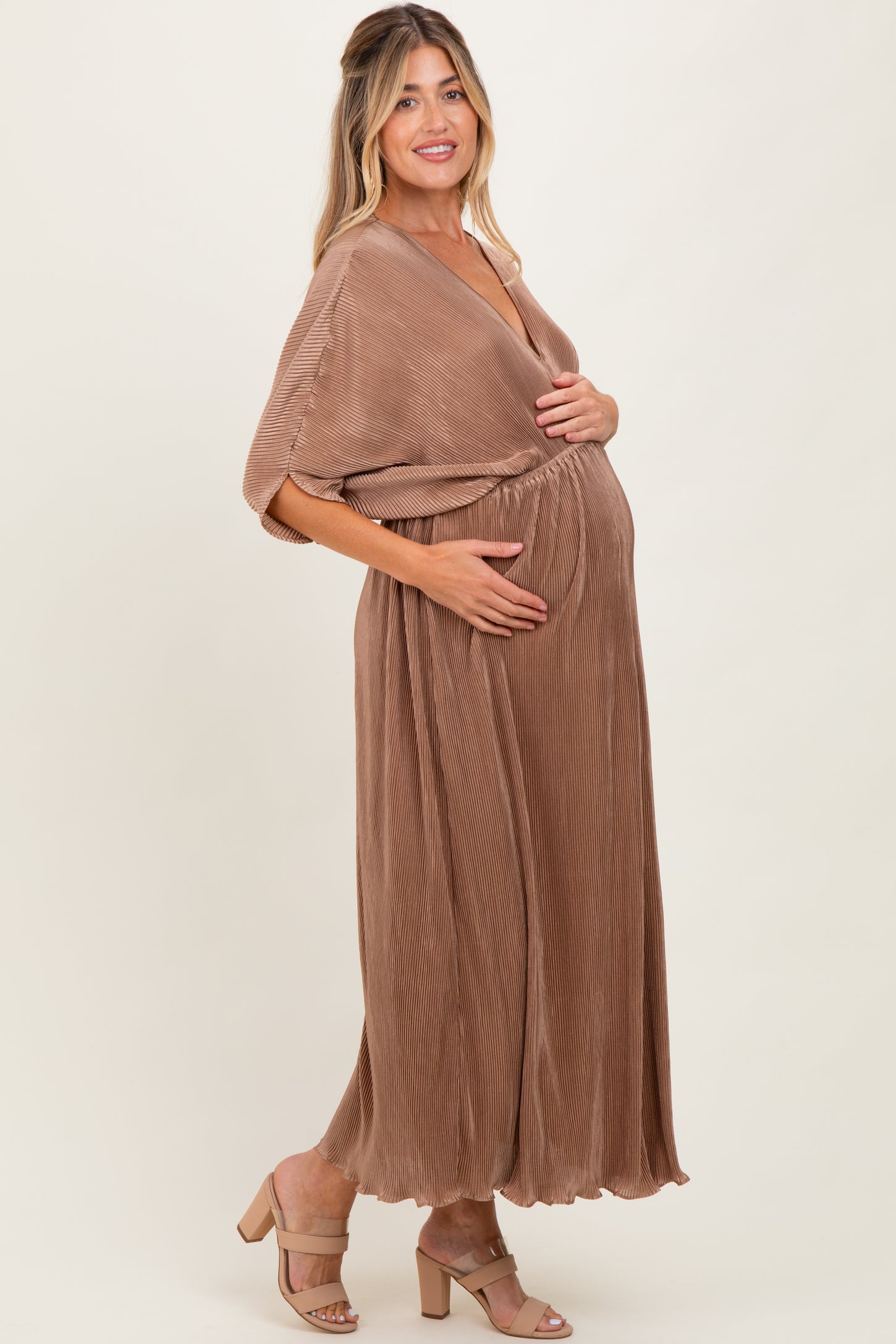 Mocha Pleated Satin Dolman Sleeve Maternity Maxi Dress Mocha Pleated Satin Dolman Sleeve Maternity Maxi Dress