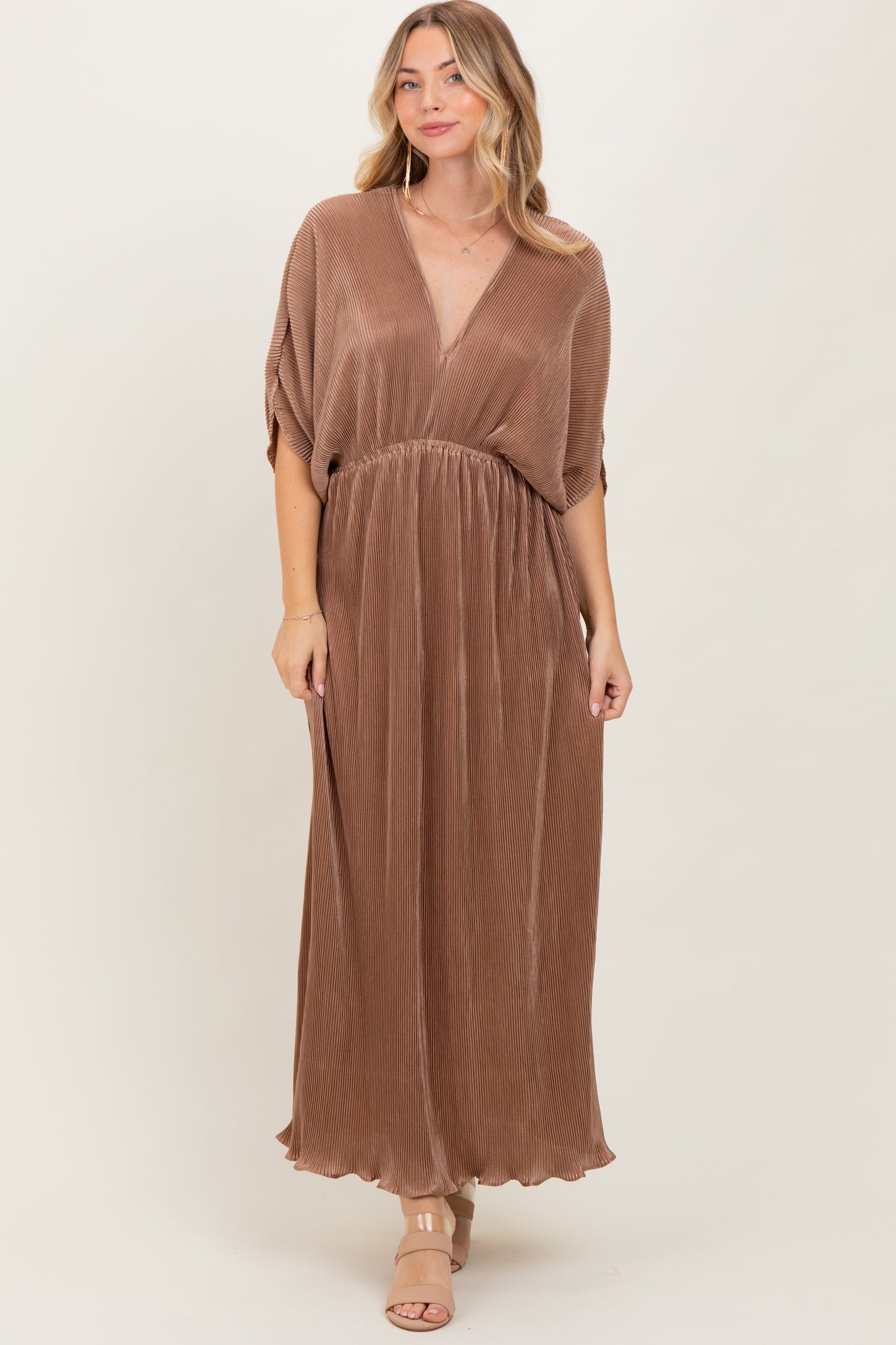 Mocha Pleated Satin Dolman Sleeve Maternity Maxi Dress Mocha Pleated Satin Dolman Sleeve Maternity Maxi Dress