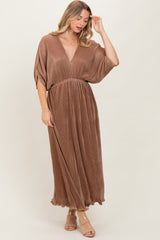 Mocha Pleated Satin Dolman Sleeve Maxi Dress