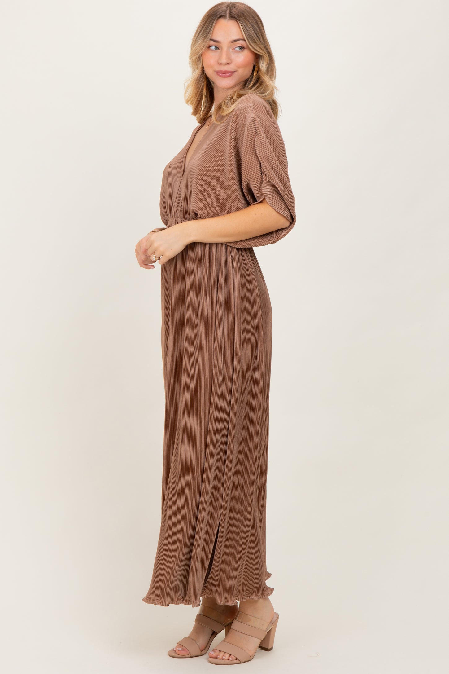 Mocha Pleated Satin Dolman Sleeve Maxi Dress