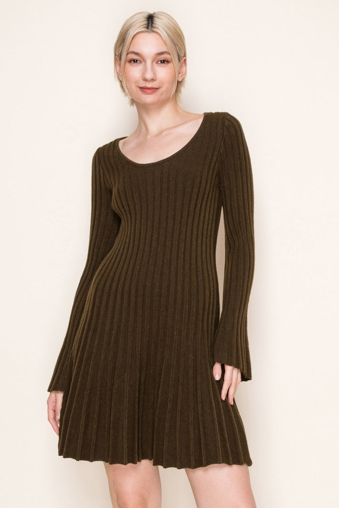 Brown Ribbed Knit Mini Sweater Dress