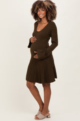 Brown Ribbed Knit Maternity Mini Sweater Dress