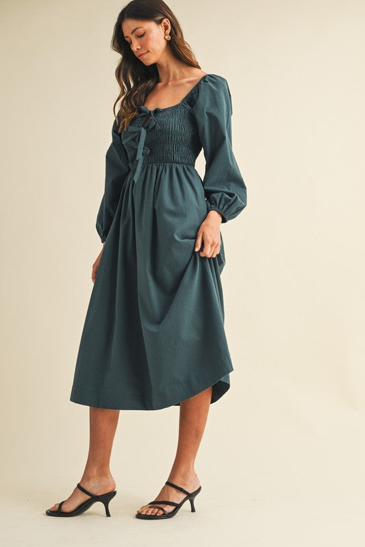Forest Green Bow Detail Smocked Midi Dress