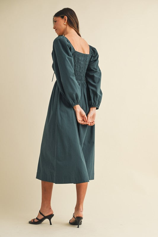 Forest Green Bow Detail Smocked Midi Dress