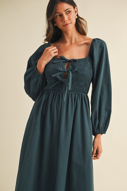 Forest Green Bow Detail Smocked Midi Dress