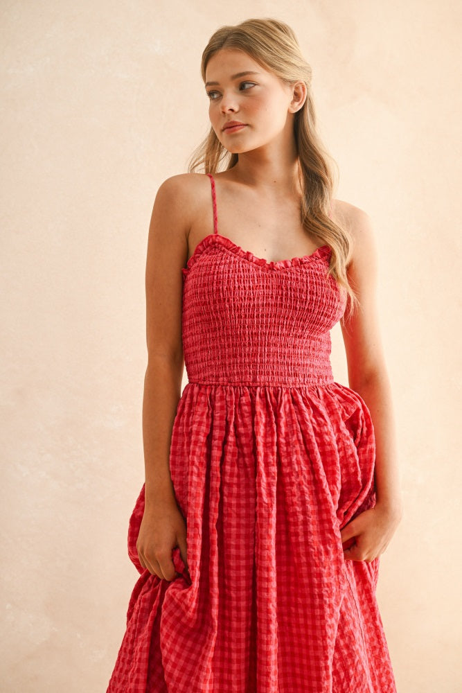 Red Gingham Smocked Ruffle Accent Maxi Dress PinkBlush Red Gingham Smocked Ruffle Accent Maxi Dress PinkBlush