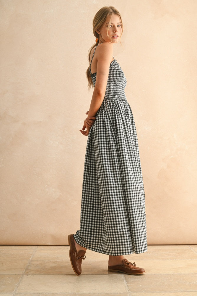 Black Gingham Smocked Ruffle Accent Maxi Dress