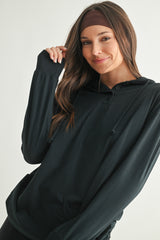 Navy Button Up Hooded Long Sleeve Top