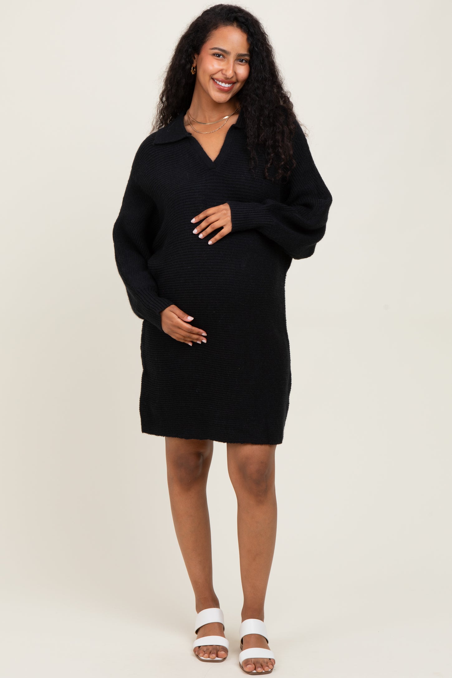 Black Chunky Knit Collared Maternity Sweater Dress PinkBlush Black Chunky Knit Collared Maternity Sweater Dress PinkBlush