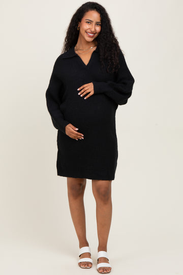 Black Chunky Knit Collared Maternity Sweater Dress