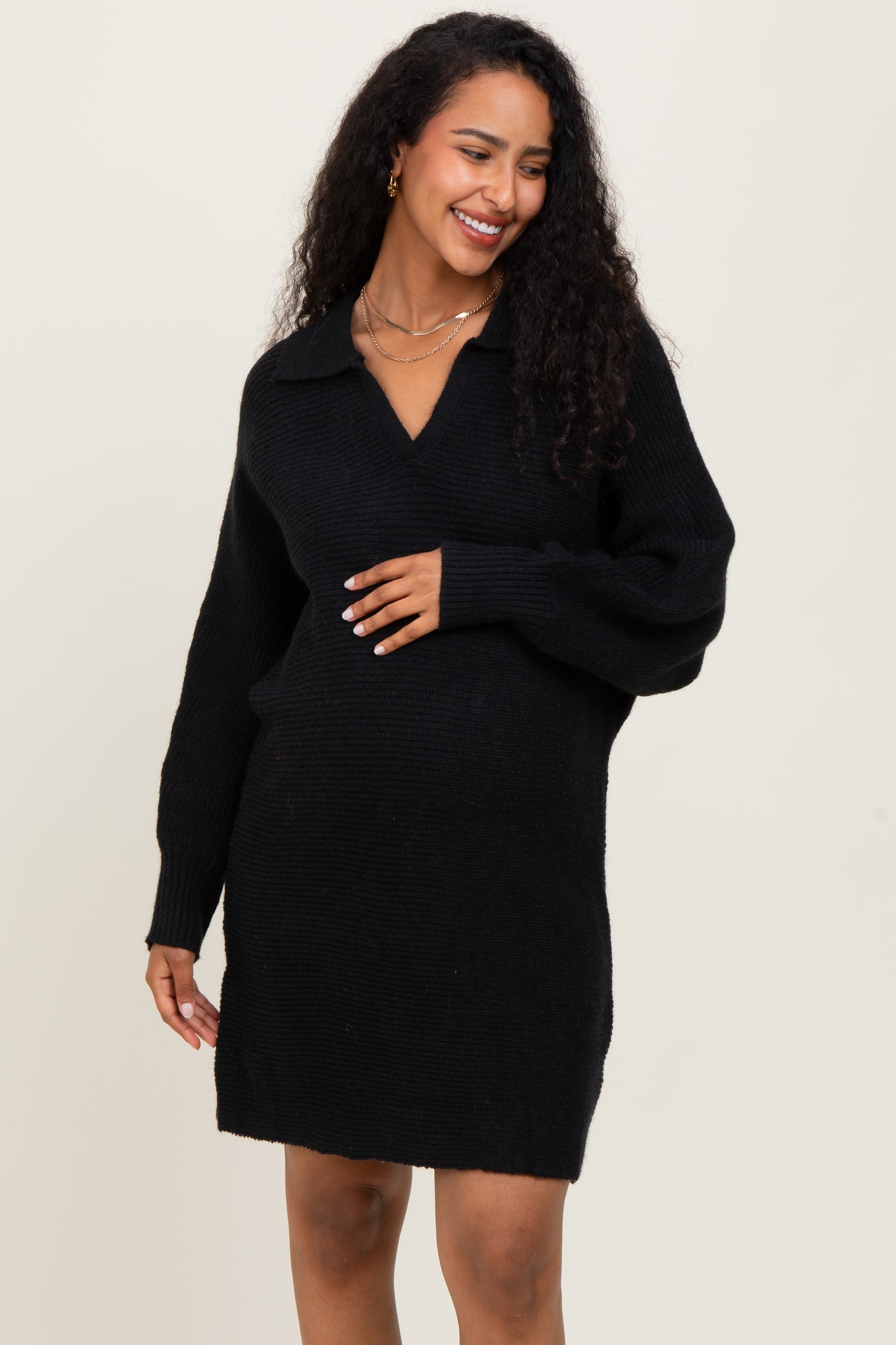 Black Chunky Knit Collared Maternity Sweater Dress PinkBlush Black Chunky Knit Collared Maternity Sweater Dress PinkBlush
