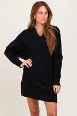 Black Chunky Knit Collared Sweater Dress