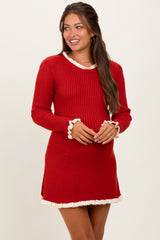 Red Ribbed Knit Contrast Ruffle Trim Maternity Mini Dress