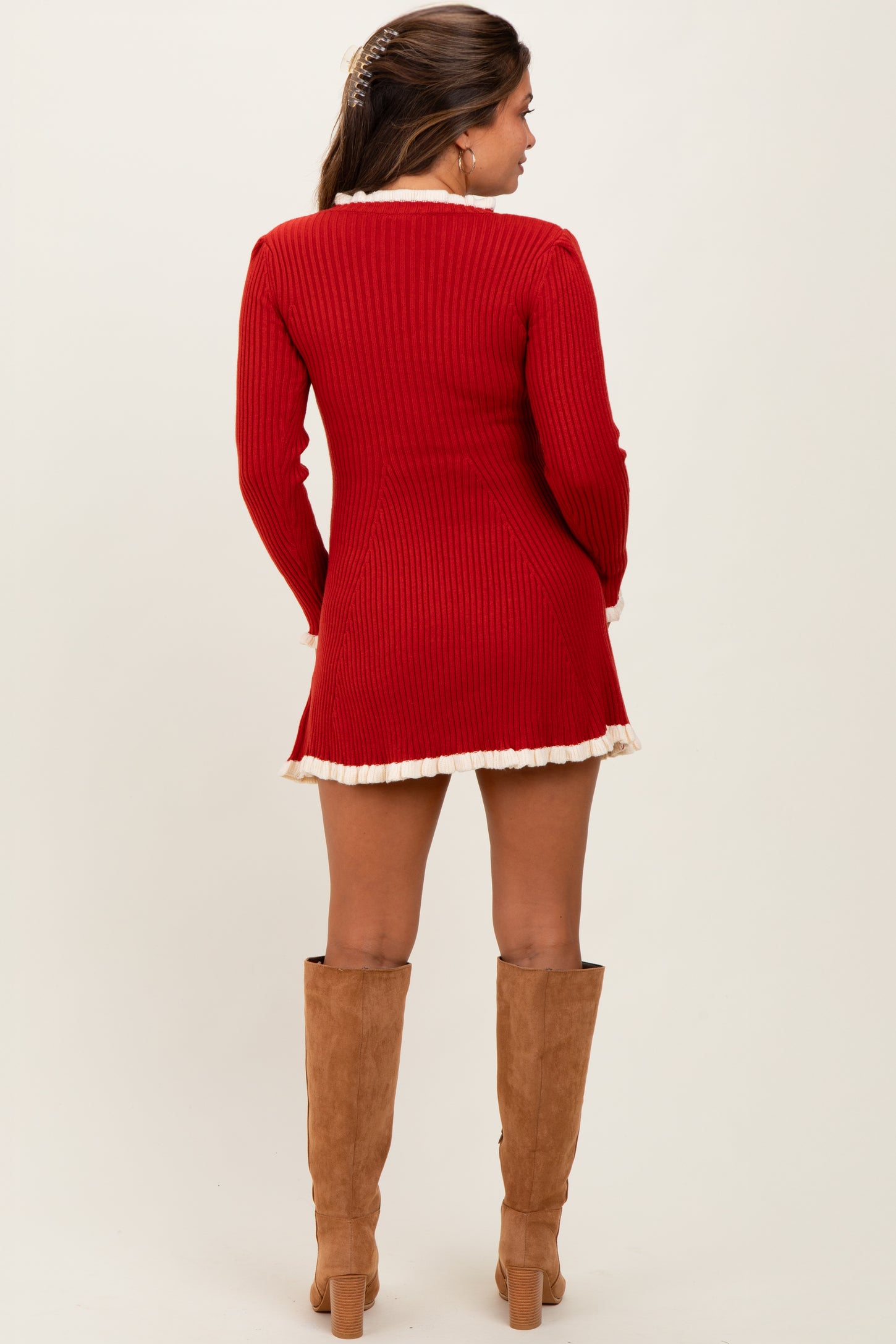 Red Ribbed Knit Contrast Ruffle Trim Maternity Mini Dress