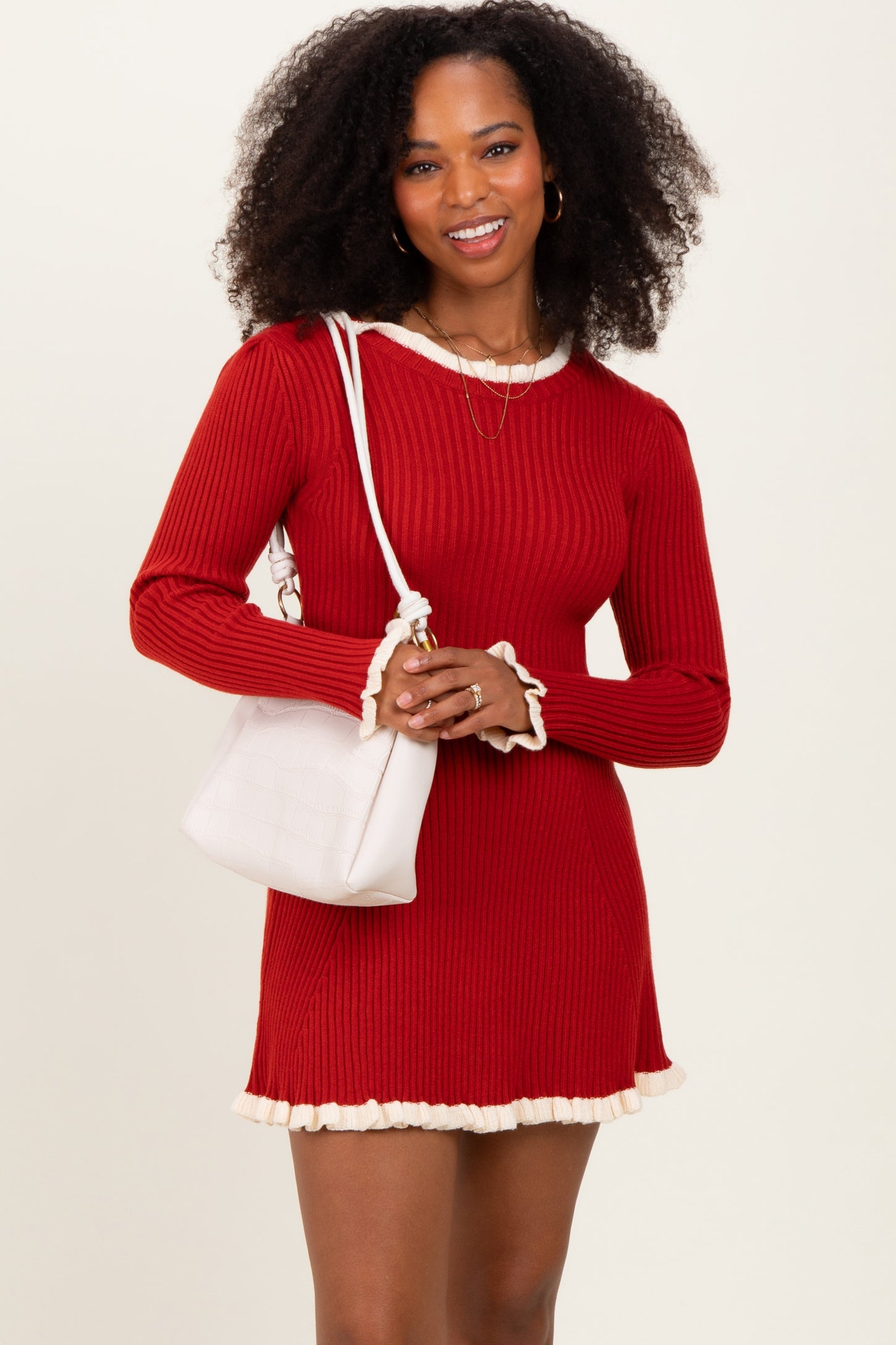 Red Ribbed Knit Contrast Ruffle Trim Mini Dress – PinkBlush