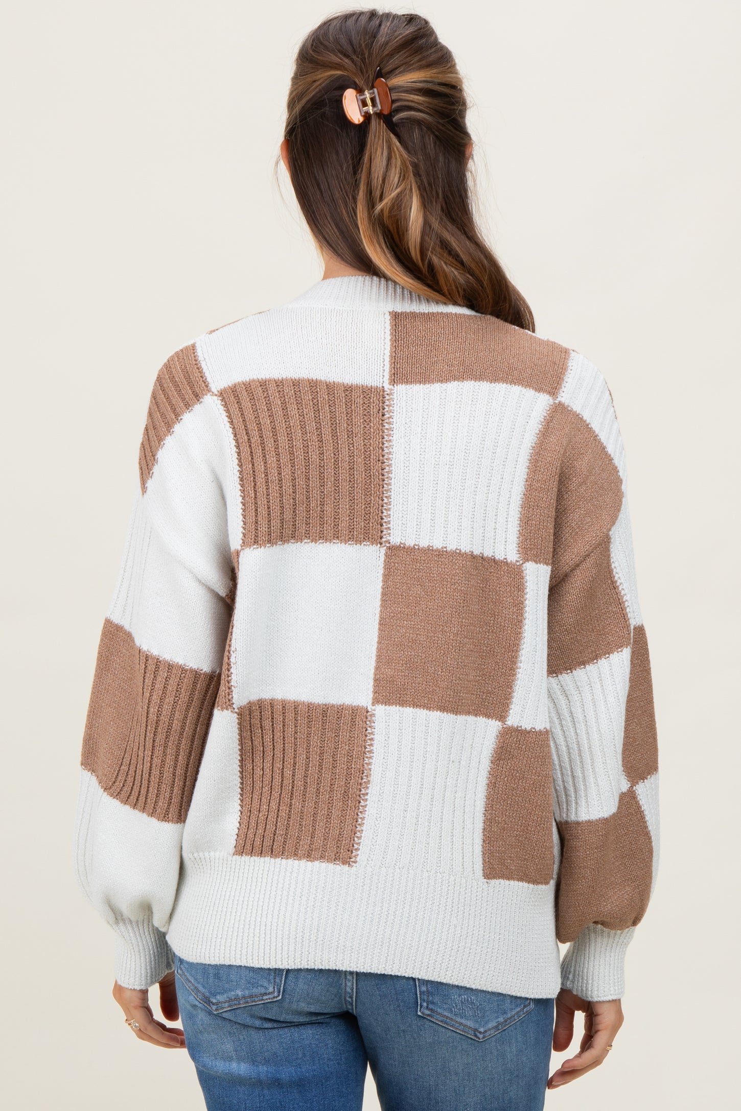 Mocha Checkered Rib Bubble Sleeve Button Maternity Cardigan