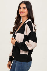 Black Checkered Rib Bubble Sleeve Button Cardigan
