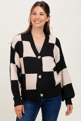Black Checkered Rib Bubble Sleeve Button Maternity Cardigan