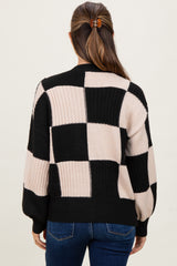Black Checkered Rib Bubble Sleeve Button Maternity Cardigan