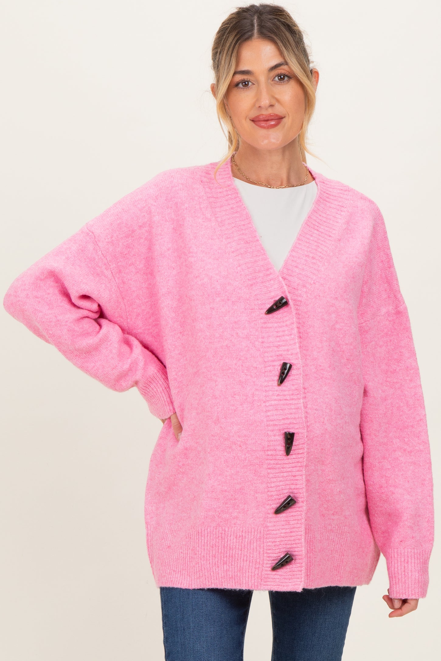 Pink Oversized Maternity Toggle Button Cardigan