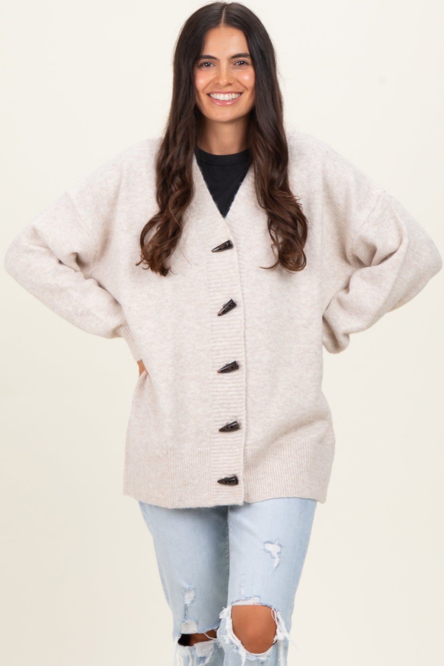 Cream Oversized Toggle Button Cardigan