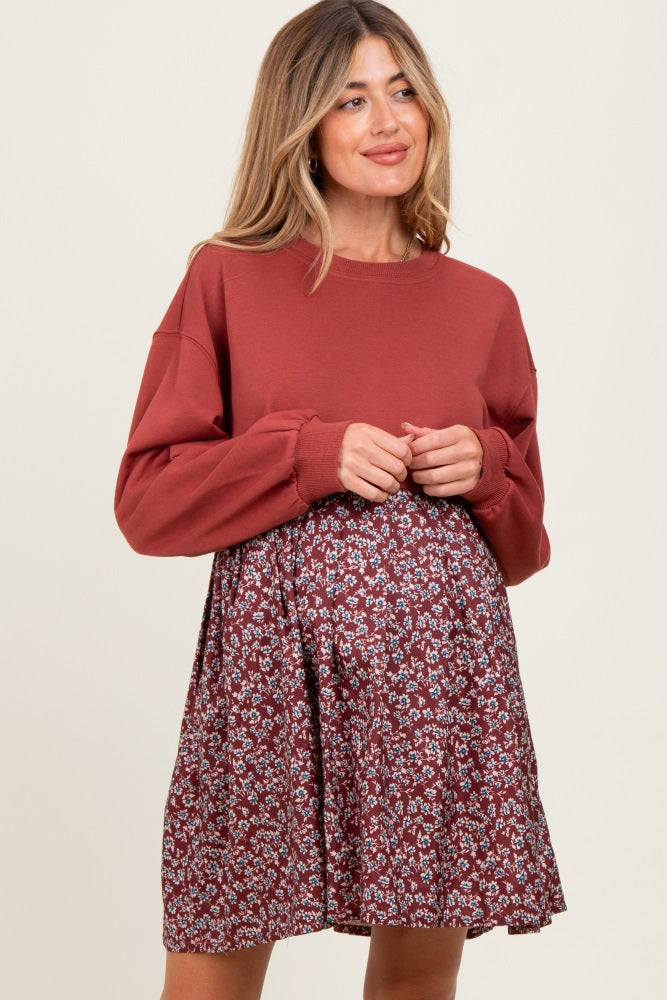 Burgundy Floral Sweatshirt Contrast Maternity Dress