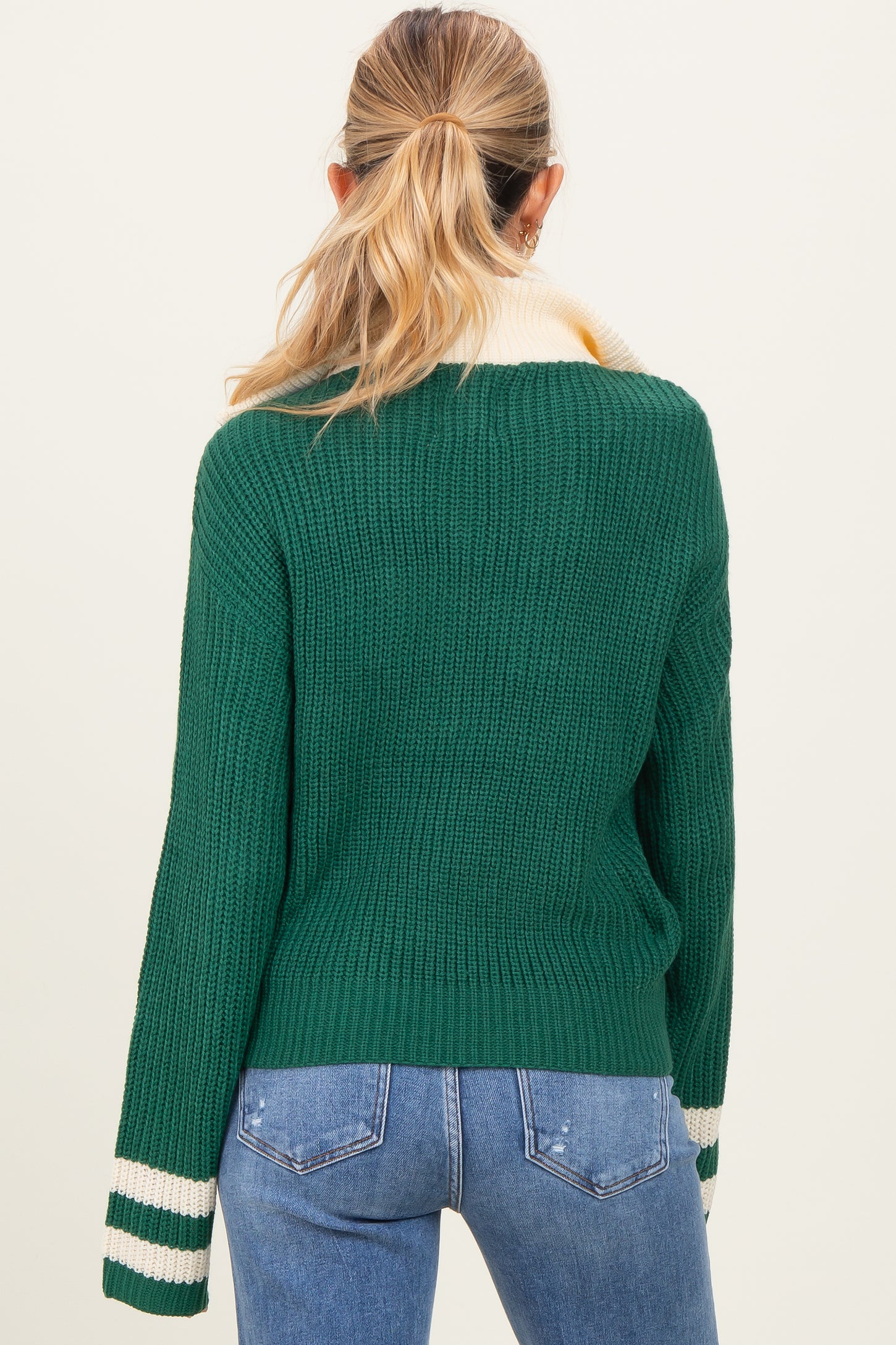 Forest Green Colorblock Chunky Knit Half Zip Maternity Sweater