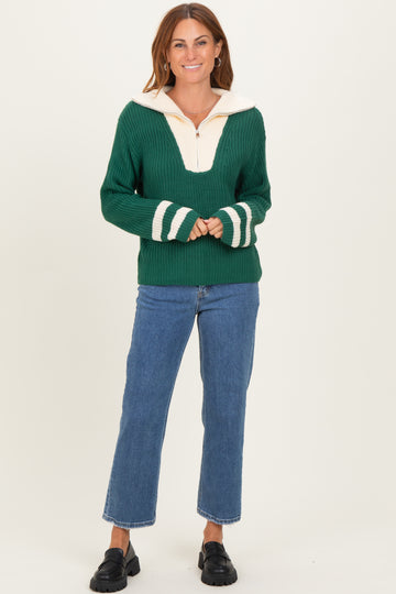 Forest Green Colorblock Chunky Knit Half Zip Sweater