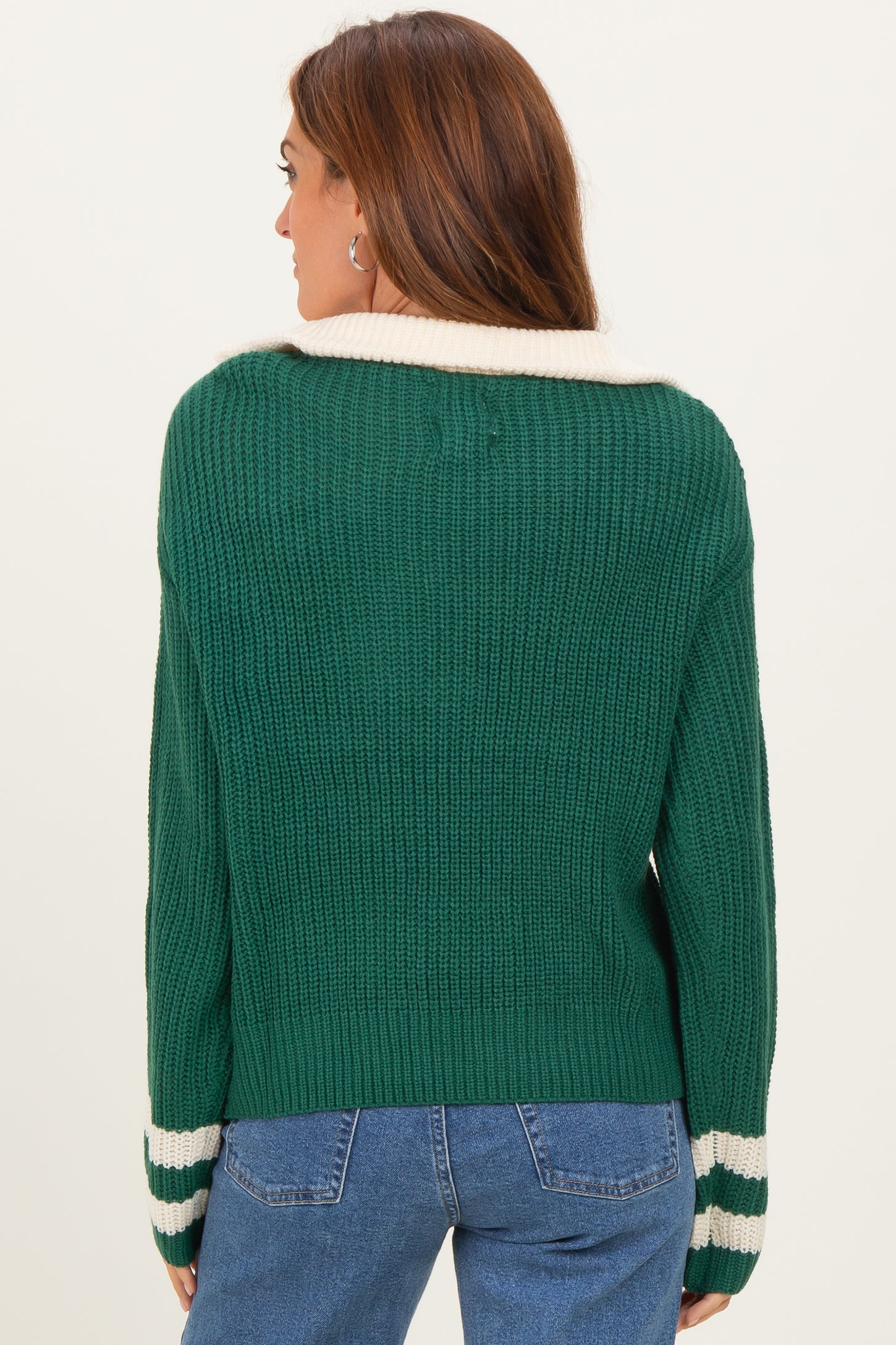 Forest Green Colorblock Chunky Knit Half Zip Sweater