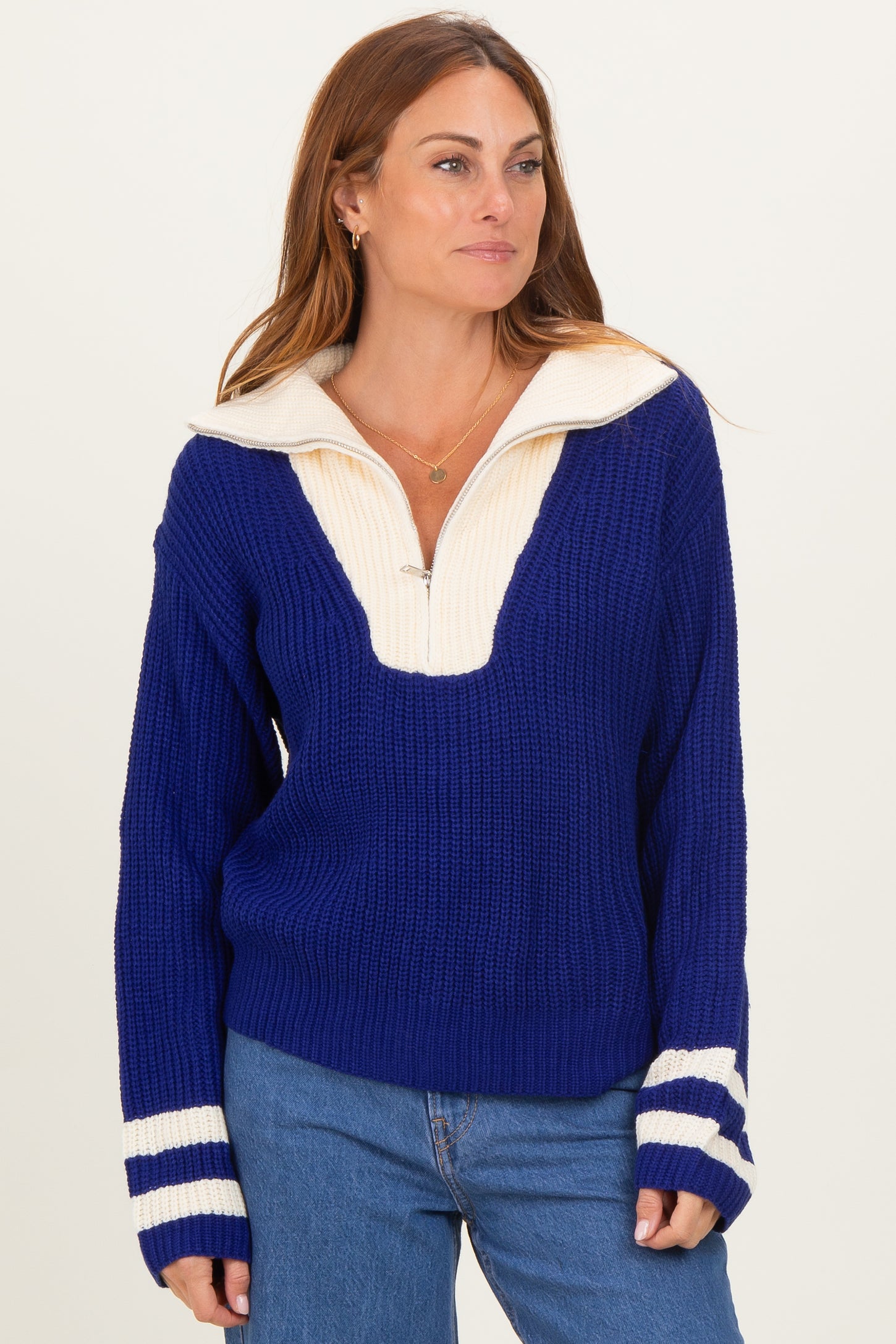 Navy Colorblock Chunky Knit Half Zip Sweater