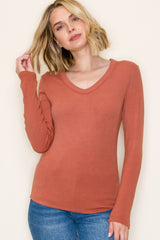 Rust Fine Rib V-Neck Maternity Long Sleeve Top