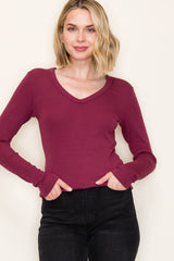 Burgundy Fine Rib V-Neck Maternity Long Sleeve Top