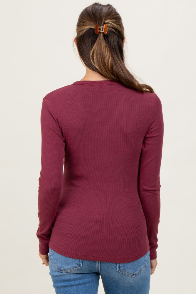 Burgundy Fine Rib V-Neck Maternity Long Sleeve Top
