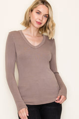 Mocha Fine Rib V-Neck Maternity Long Sleeve Top