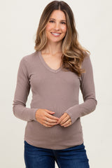Mocha Fine Rib V-Neck Maternity Long Sleeve Top