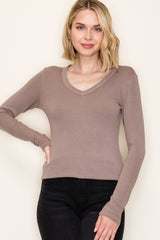 Mocha Fine Rib V-Neck Long Sleeve Top