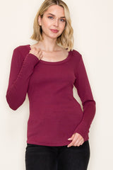 Burgundy Fine Rib Scoop Neck Long Sleeve Top