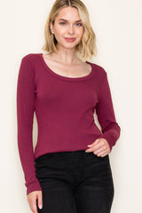 Burgundy Fine Rib Scoop Neck Long Sleeve Top