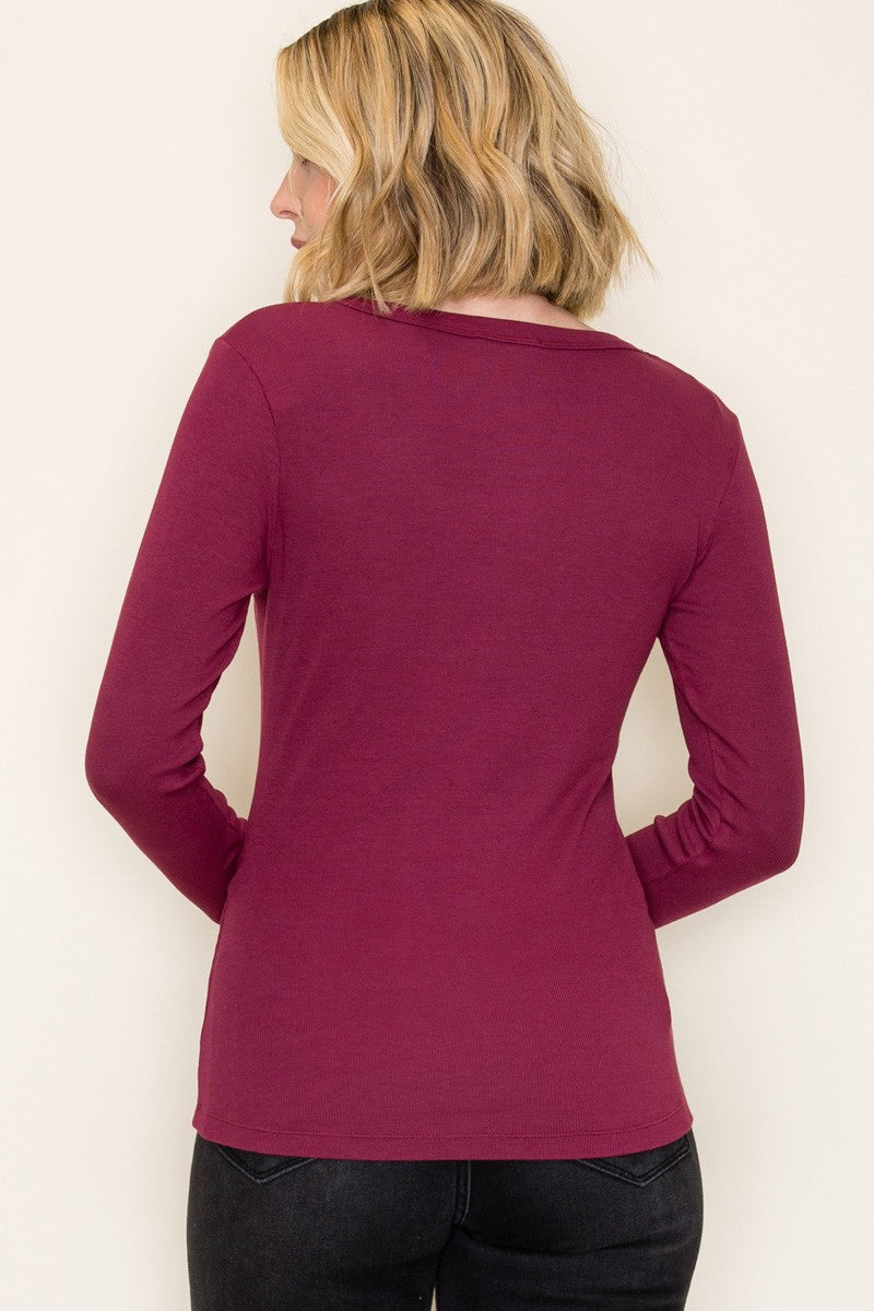 Burgundy Fine Rib Scoop Neck Long Sleeve Top