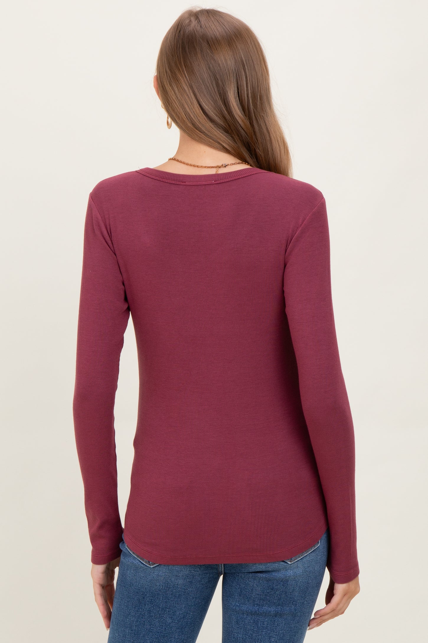 Burgundy Fine Rib Scoop Neck Maternity Long Sleeve Top