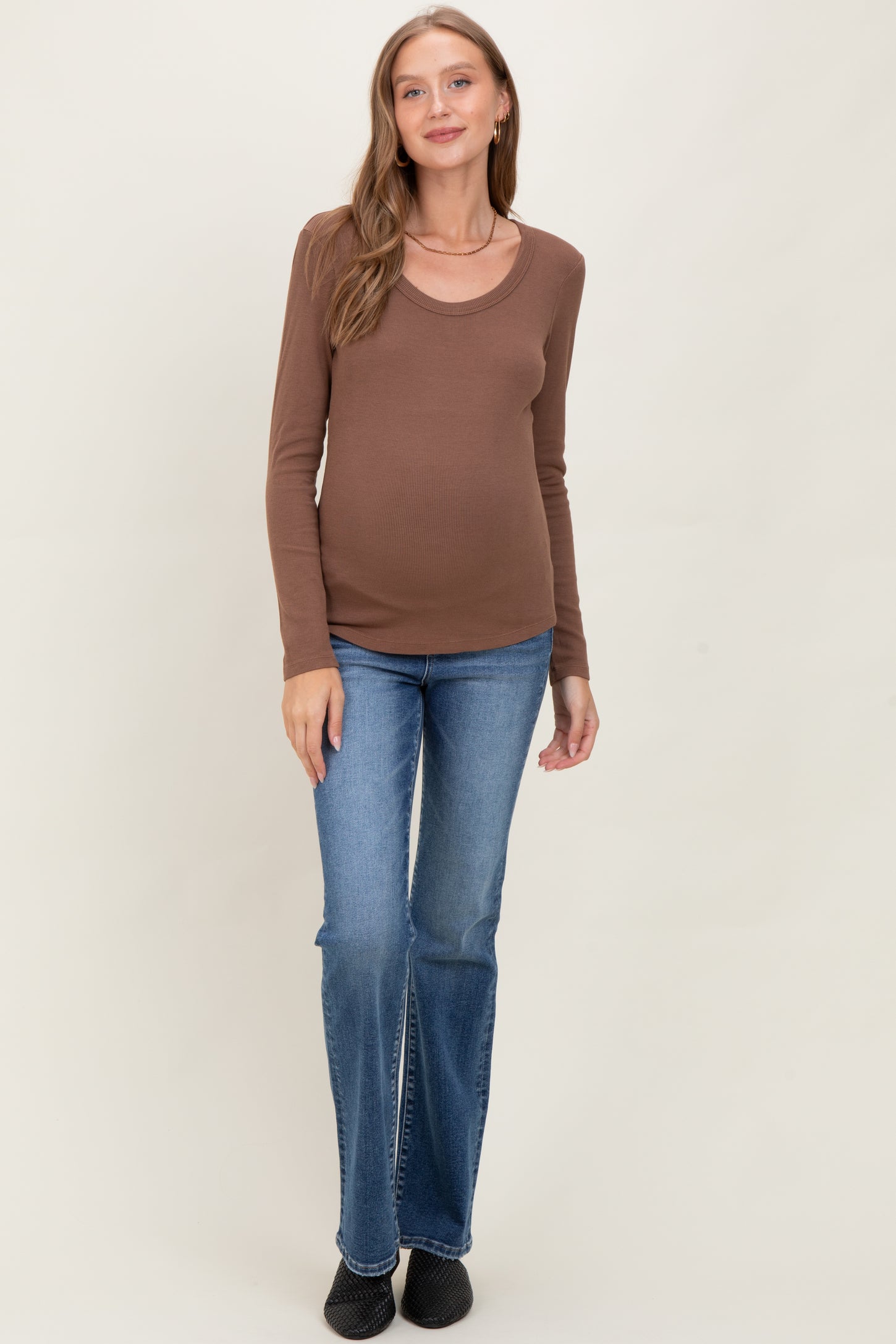 Mocha Fine Rib Scoop Neck Maternity Long Sleeve Top