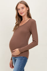 Mocha Fine Rib Scoop Neck Maternity Long Sleeve Top