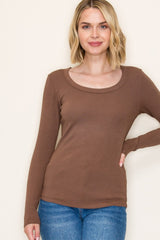 Mocha Fine Rib Scoop Neck Long Sleeve Top