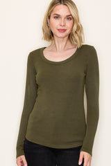 Olive Fine Rib Scoop Neck Long Sleeve Top