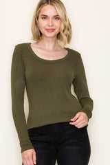 Olive Fine Rib Scoop Neck Long Sleeve Top