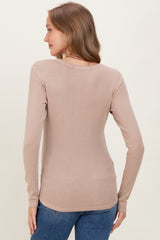 Beige Fine Rib Scoop Neck Maternity Long Sleeve Top