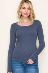 Dark Blue Fine Rib Scoop Neck Long Sleeve Top