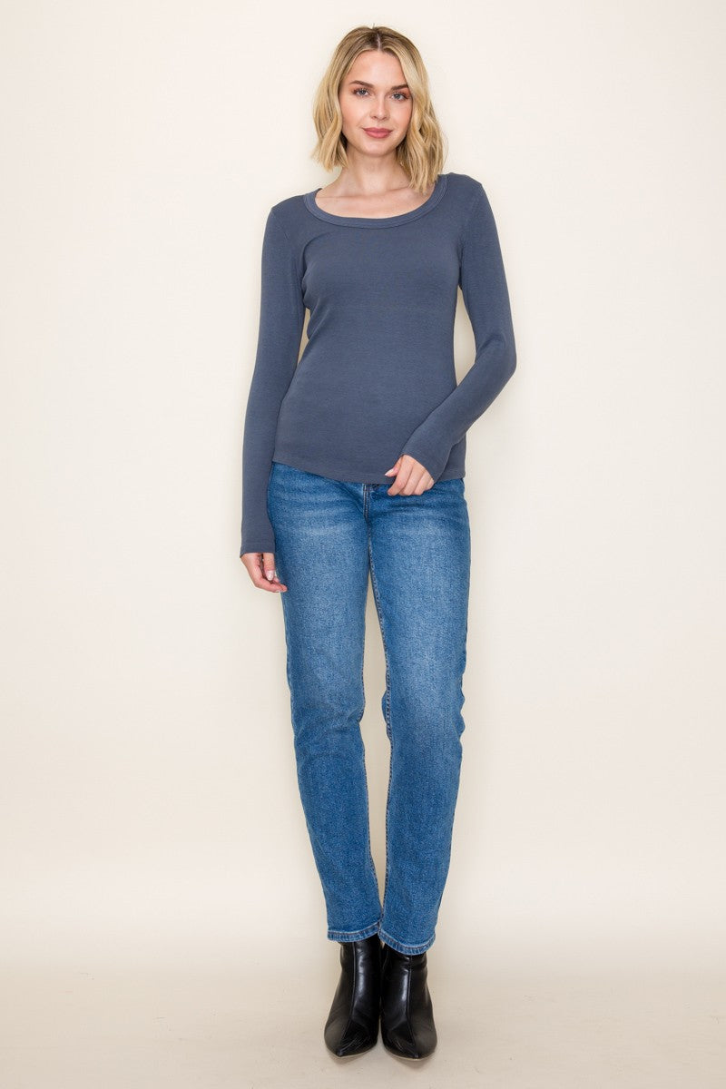 Dark Blue Fine Rib Scoop Neck Long Sleeve Top