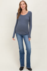 Dark Blue Fine Rib Scoop Neck Maternity Long Sleeve Top