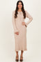 Beige Ribbed Knit Ruffle Trim Midi Sweater Dress